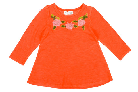 Wooly Flowers Embroidered Tee- Orange