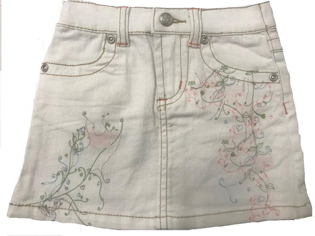 Natural color jean skirt with botanical embroidery